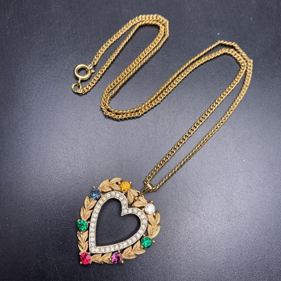 Trifari Jewelry - Crown Trifari Heart Pendant Necklace Gold Tone Multicolor Rhinestone Vintage